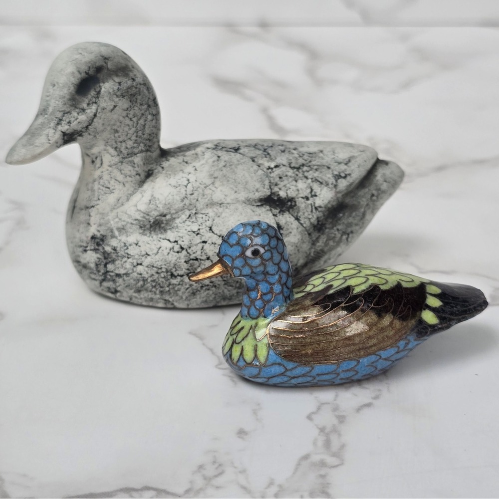 Vintage Miniature Duck Figurine Set Cloisonne Enamel and Crackle Stone Ceramic